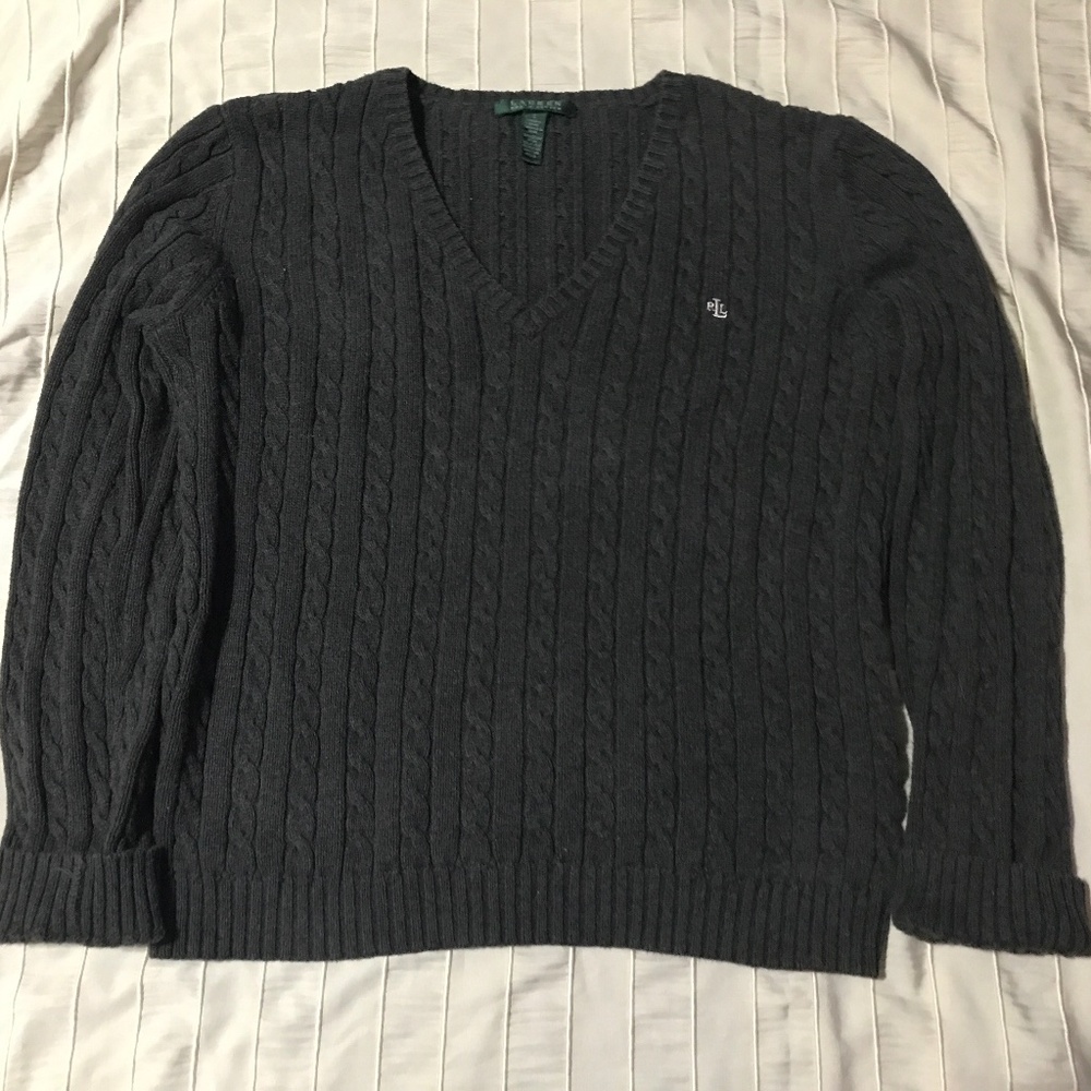 Ralph Lauren V Neck cable knit sweater size L charcoal grey